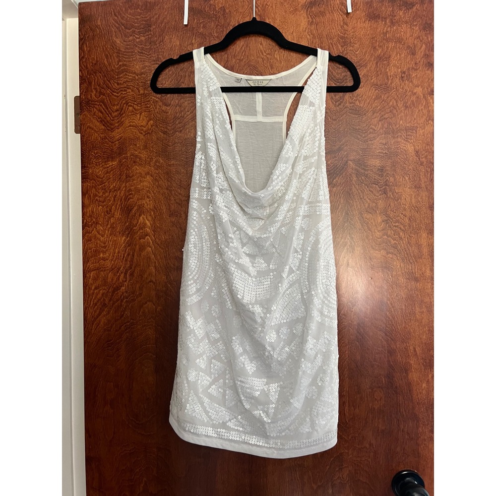 NEW Guess Tank Top Womens XL White Sequin Cowl Neck Racerback W22P31K1GQ0
